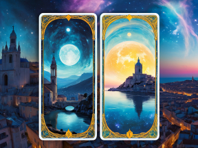 Mystical Tarot Reading Over an Ancient Cityscape at Twilight