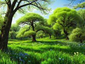 Serene Landscape of Lush Greenery and Vibrant Blue Flowers Bathed in Sunlight