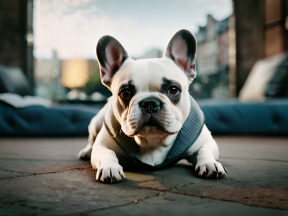 Attentive French Bulldog in Harness on a Charming Evening Street Scene