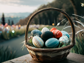 Colorful Easter Eggs in a Basket at Sunset Amid Garden Greenery