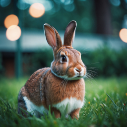Calm Rabbit Resting on Grass in a Twilight Garden Setting