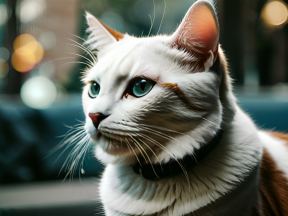 Curious Blue-Eyed Cat with Collar in Warm Indoor Setting