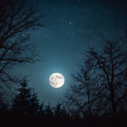 Serene Full Moonrise Over Reflective Waters Amid Bare Winter Trees