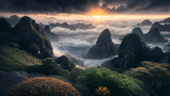 Majestic Sunrise Over Rugged Mountain Peaks: A Serene Landscape Inspired by Huangshan