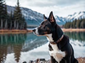 Calm Canine by the Water’s Edge Amidst Majestic Mountain Scenery
