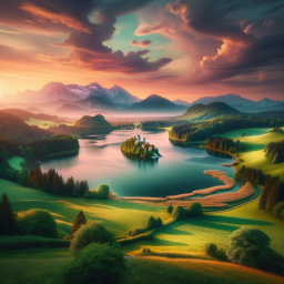Tranquil Valley at Sunset: A Serene Lakeside Village Amidst Rolling Hills and Majestic Mountains