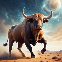 Majestic Bull Charging Through a Desert Under a Dramatic Celestial Sky