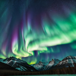 Serene Nightscape: The Northern Lights Over Snow-Capped Mountains and Reflective Waters