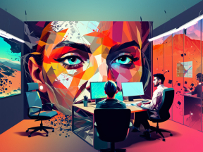 Creative Collaboration: A Man and Woman Engaged Amidst Vibrant Abstract Art