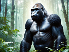Majestic Gorilla Stares Boldly Amidst Dense Forest Vegetation