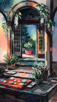 Tranquil Garden Entrance at Dawn: A Serene Tea Spot Beneath Ivy Archway