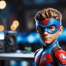 Young Boy in Superhero Costume Inside High-Tech Laboratory Setting