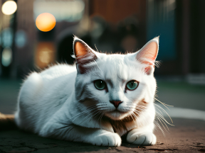 Curious Blue-Eyed Maine Coon Cat in Urban Twilight Setting