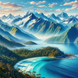 Majestic Snow-Capped Mountains Overlooking a Lush Tropical Peninsula and Turquoise Sea