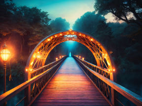 Illuminated Pathway: A Serene Wooden Bridge Leading into a Mystical Glow