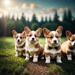 Three Adorable Corgi Puppies Sitting Together in a Sunny Meadow