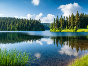 Tranquil Lake Reflections Amidst Serene Coniferous Forest