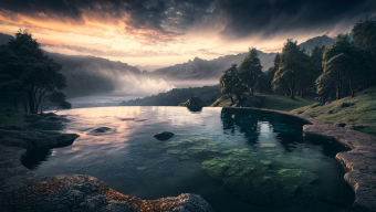 Tranquil Dawn Over Rugged Mountains and Reflective Waters