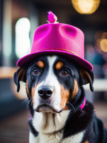 Adorable Black and White Dog Sporting a Pink Feathered Hat Indoors