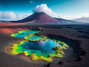 Vibrant Volcanic Crater Lakes Amid Rugged Terrain and Majestic Volcano