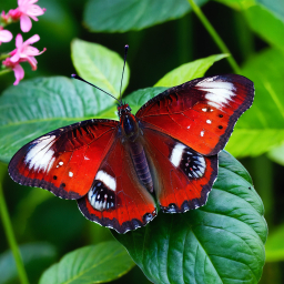 Vibrant Red and Blue Butterfly Perched on Leaf with Striking Patterned Wings