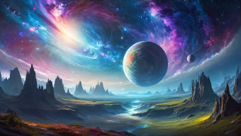 Surreal Cosmic Landscape: A River Valley Under a Majestic Ringed Planet
