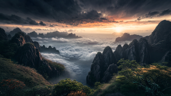 Enchanted Dawn: A Majestic Fantasy Landscape of Towering Cliffs and Lush Wilderness