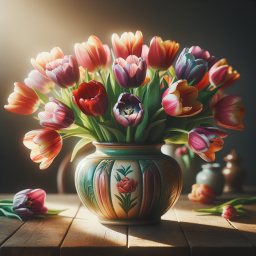 Bright Spring Tulips in a Decorative Ceramic Vase on a Wooden Table