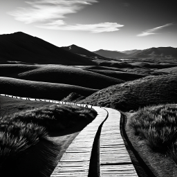 Timeless Journey: A Monochrome Path Through Mountainous Terrain