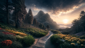 Serene Wilderness Pathway at Dawn: A Majestic Mountain Landscape