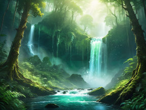 Enchanted Jungle Oasis: A Serene Fantasy Landscape at Dawn