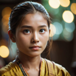 Gentle Portrait of a Young East Asian Woman in Traditional Attire Amid Warm Indoor Lighting