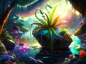 Enchanted Oasis: A Mystical Fantasy Landscape of Lush Flora and Cascading Waterfalls