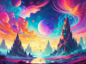 Celestial Ruins: A Surreal Castle Landscape Beneath an Alien Sky