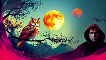Moonlit Vigil: The Cloaked Watcher and the Owl in a Surreal Dreamscape