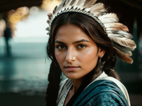 Modern Interpretation of Native American Traditional Attire in an Outdoor Setting