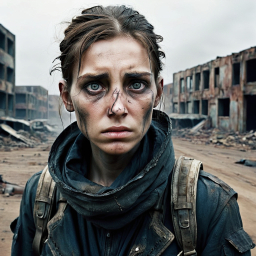 Survivor Amidst Ruins: A Woman's Struggle in a War-Torn Landscape