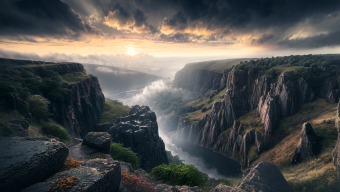 Majestic Volcanic Cliffs and Serene Gorge at Sunrise in Iceland