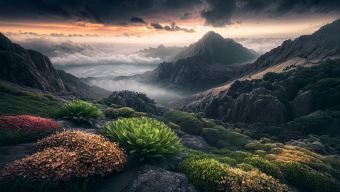Serene Mountain Landscape at Sunrise with Layered Clouds and Vibrant Foreground Flora