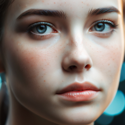 Softly Lit Close-Up of a Freckled Face Against a Blurred Urban Nightscape