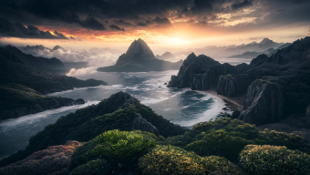 Fantastical Digital Landscape of Islands and Cliffs at Sunrise or Sunset