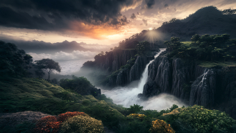 Majestic Mountain Landscape at Sunrise: A Dramatic Fantasy Digital Artwork