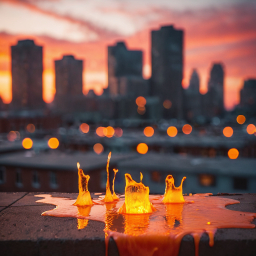 Sunset Cityscape Meets Artistic Liquid Splash: A Creative Fusion of Urban Beauty and Dynamic Motion