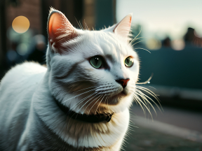 Striking Green-Eyed Cat Bathed in Warm Urban Sunlight