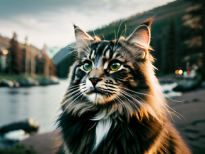 Contemplative Long-Haired Cat Amidst Serene Wilderness at Dusk