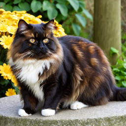 Majestic Long-Haired Tabby Cat Poses Amidst Vibrant Yellow Blossoms in Springtime Setting