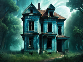 Abandoned Two-Story House at Night: A Haunting Scene of Decay and Neglect