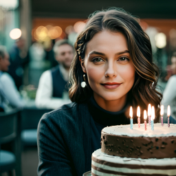 A Cozy Birthday Celebration: Woman Enjoys Special Day with Cake and Candles