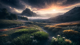 Serene Landscape of Grassy Wildflowers by a Mountain Stream Under Dramatic Skies