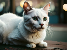 Curious Long-Haired Cat Sitting Outdoors on Textured Surface at Dusk